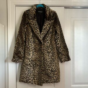 Express womens leopard faux fur coat xs